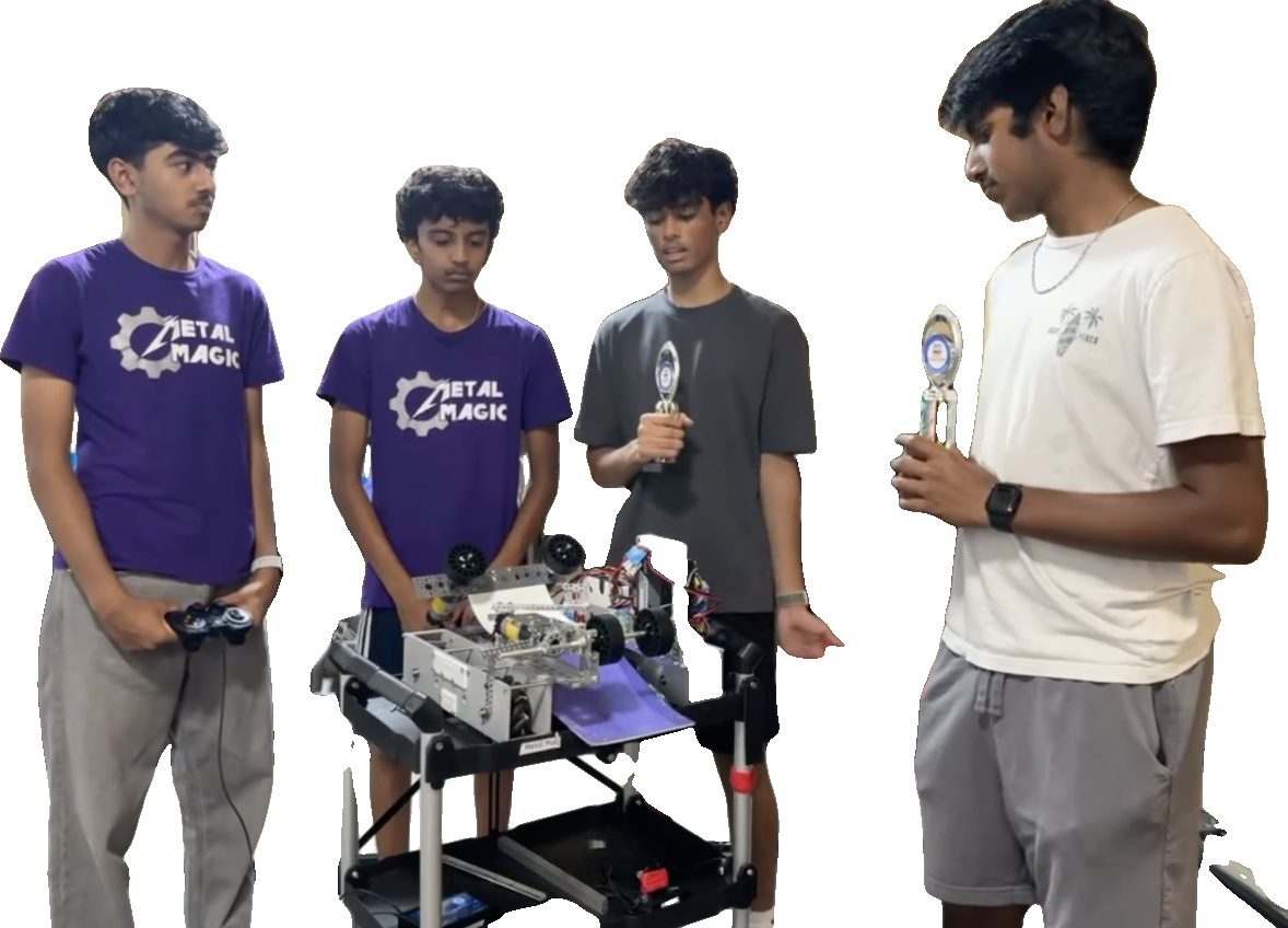 The Metal Magic FTC #23362 team with their competition robot and two trophies